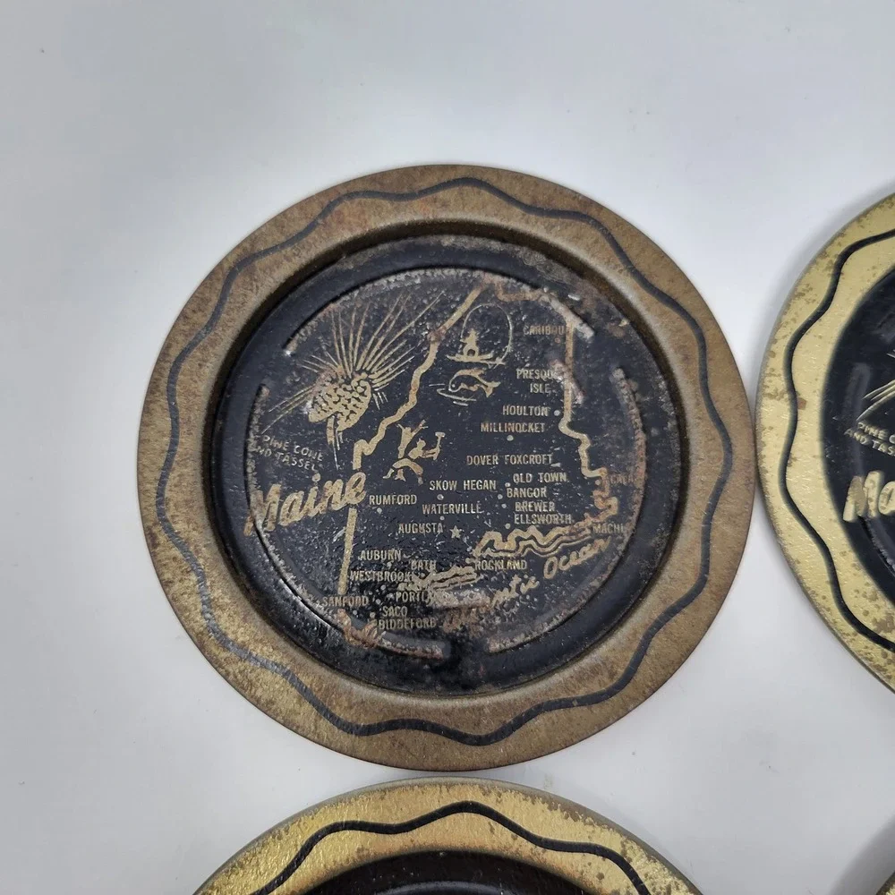 Vintage Maine State Map Metal Coasters Set of‎ 4 Black Gold Souvenir Tin Ashtray